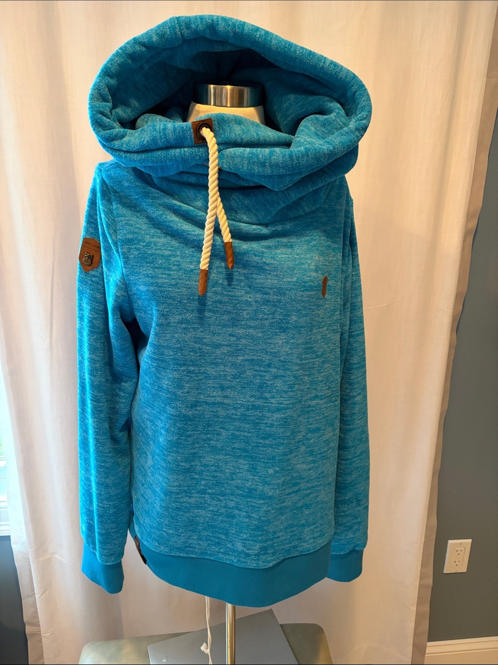Naketano Teal Blue Cowl-Neck Hoodie Sweater with Rope Drawstring